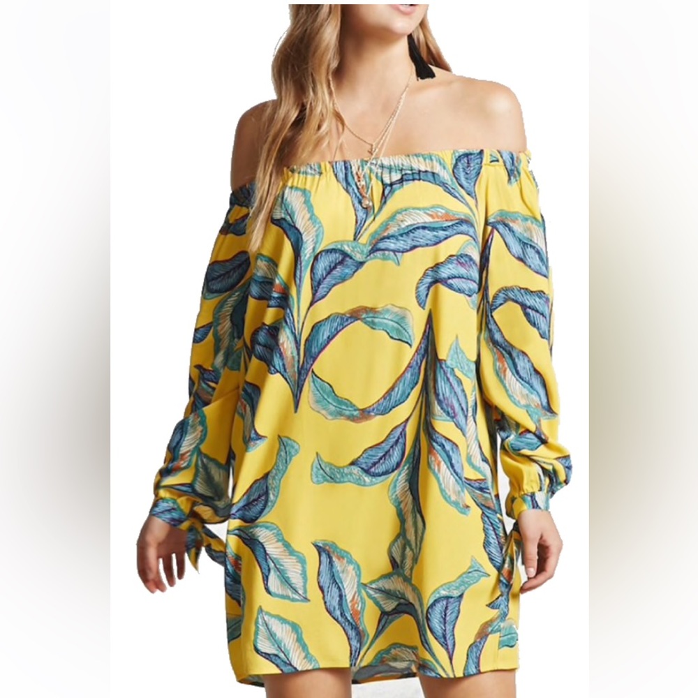 Forever 21 Off the Shoulder Yellow Leaf Print Dress